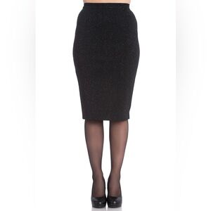 Hell Bunny Black Silver Sparkle Glitter Stretch Pencil Skirt Rockabilly Pin Up